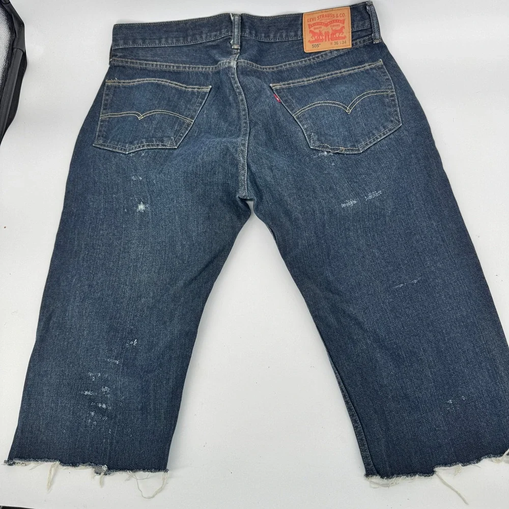 Levis 505 Custom Distressed Shorts Mens 36 Blue Raw Hem Heavy Shredded Jorts